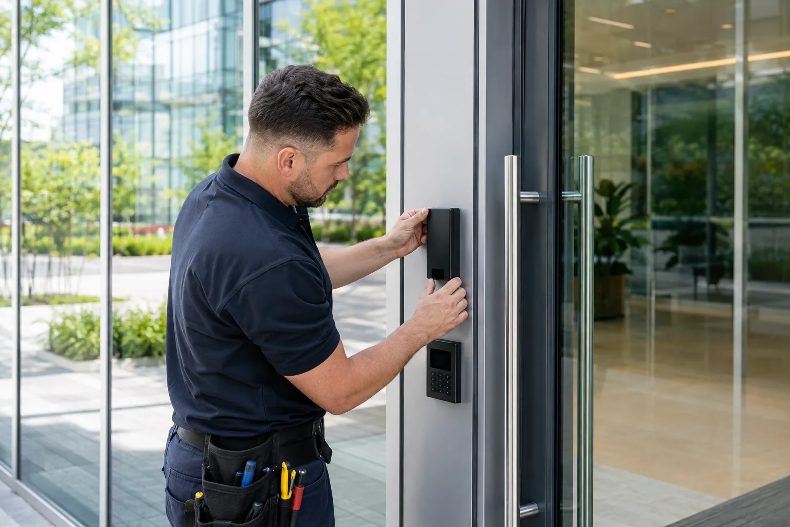 Commercial access control system installed at a business entrance