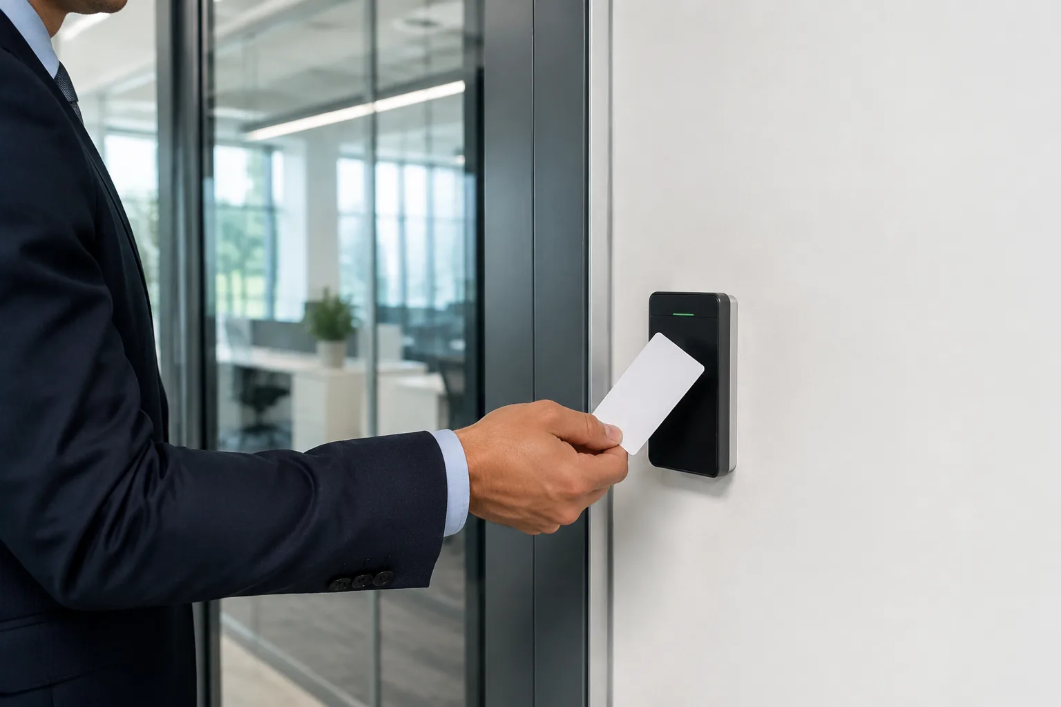 Employee using commercial access control at an office door
