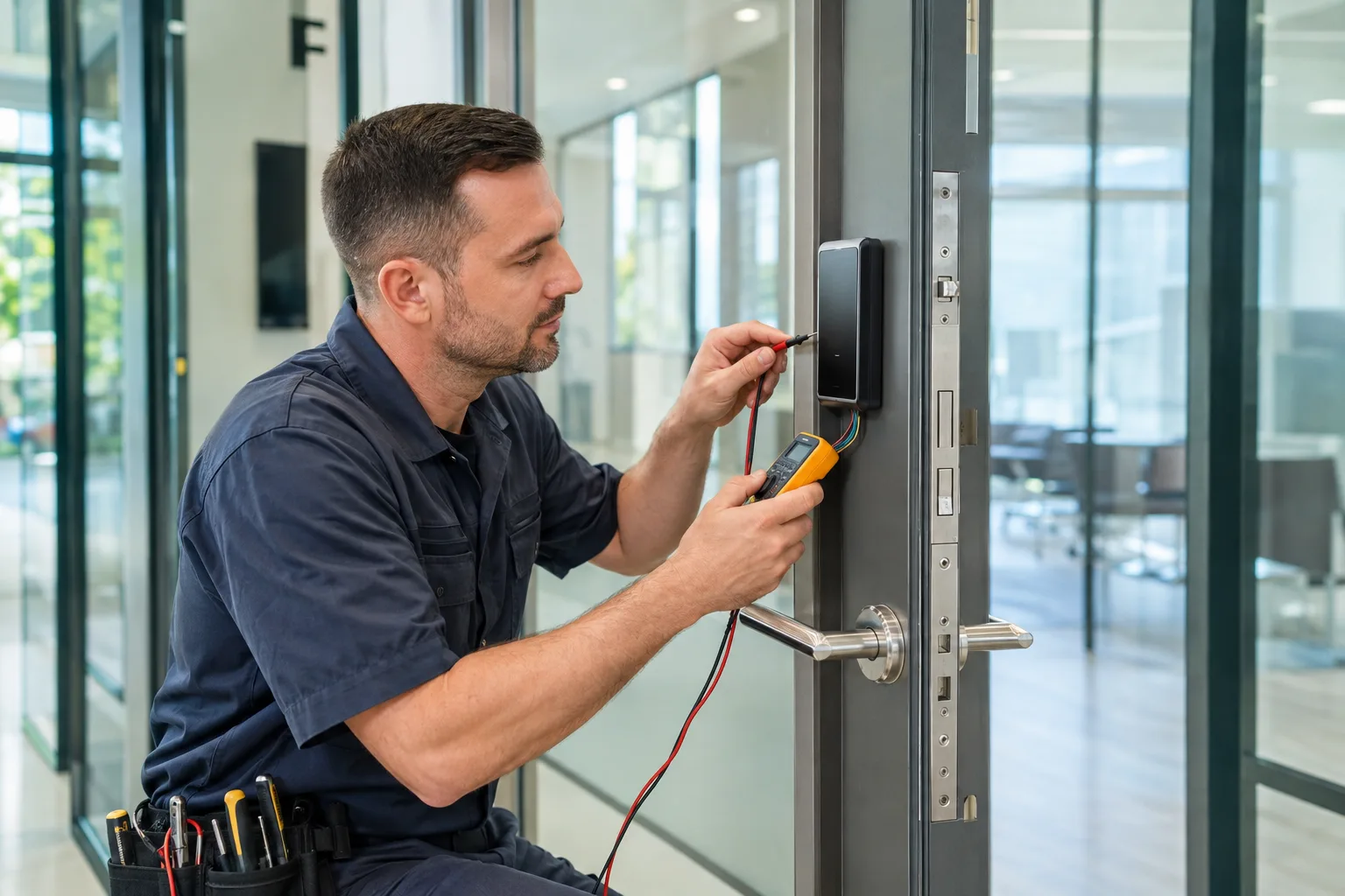 Locksmith testing commercial access control hardware