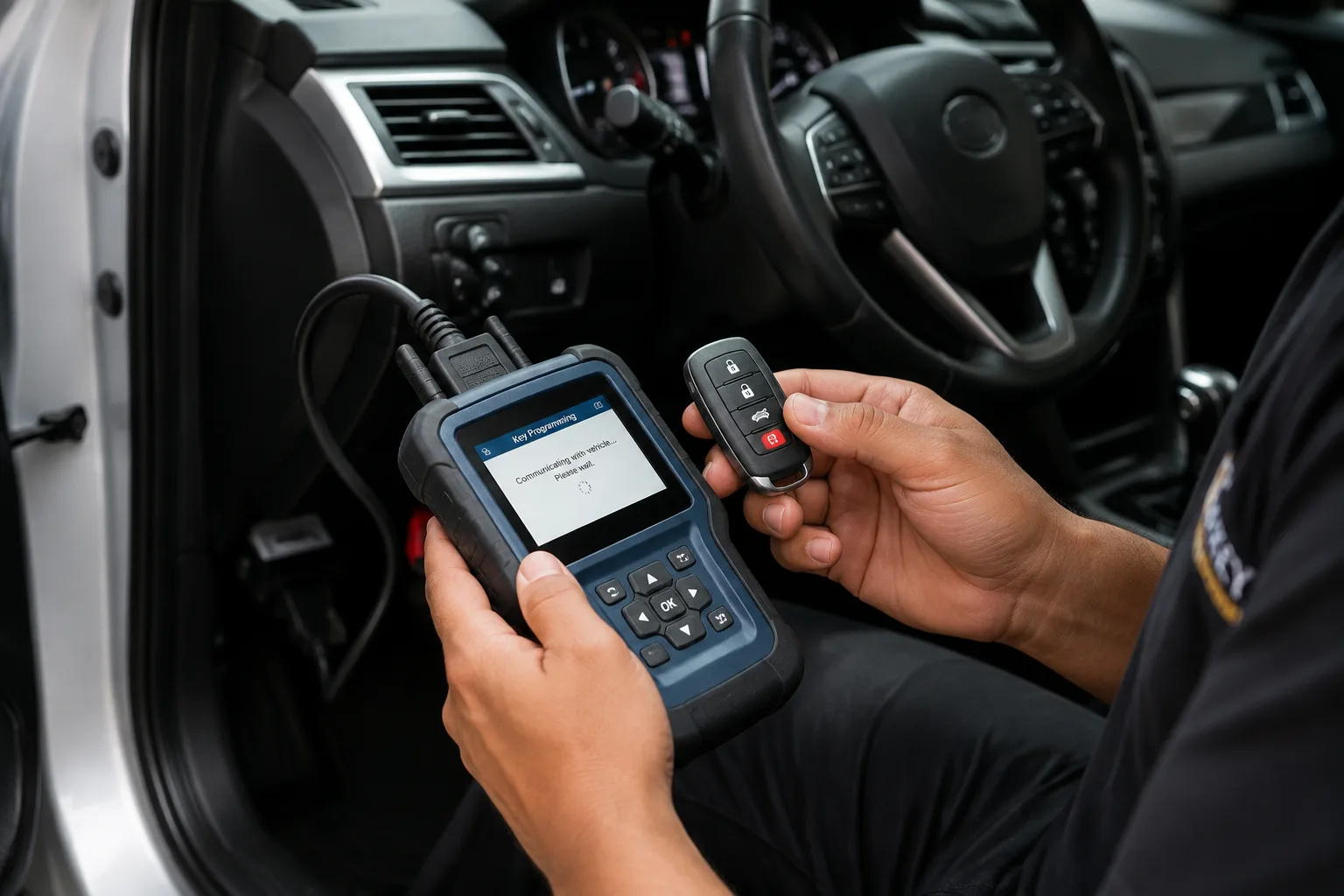 Locksmith technician programming a car key fob using a diagnostic tool