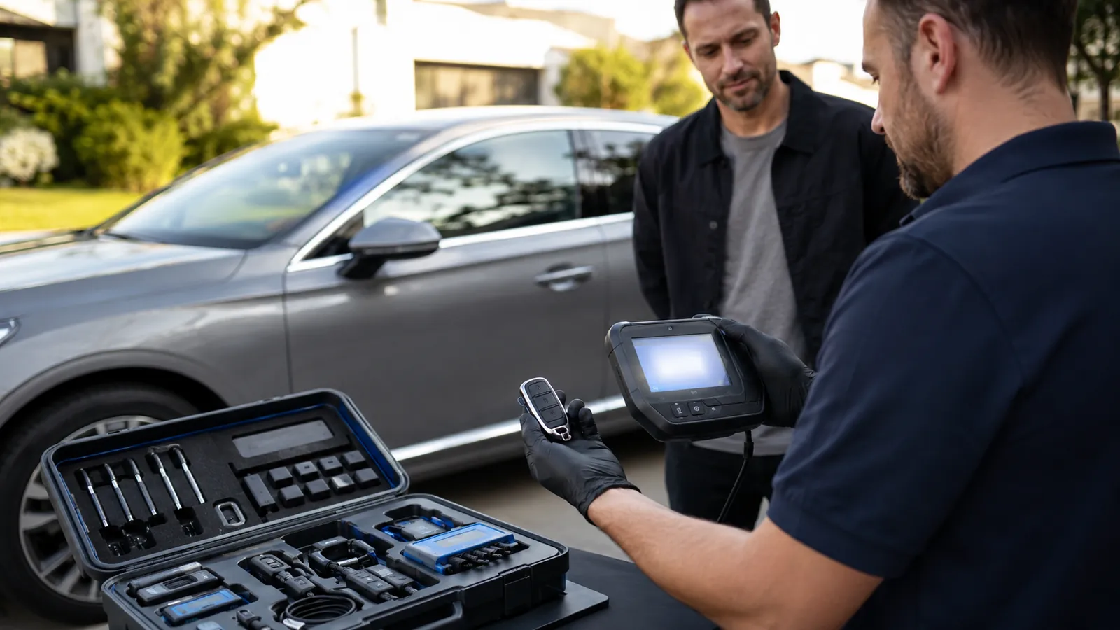 Automotive locksmith programming a replacement vehicle key fob