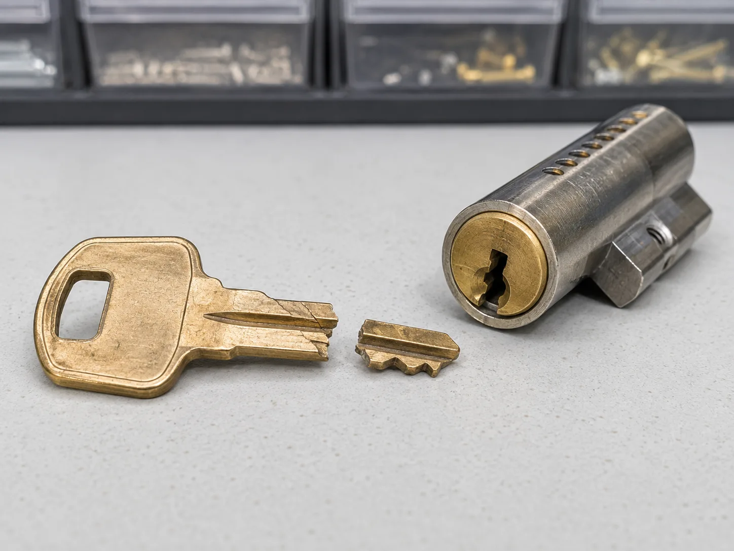 Broken key and door lock inspected after extraction