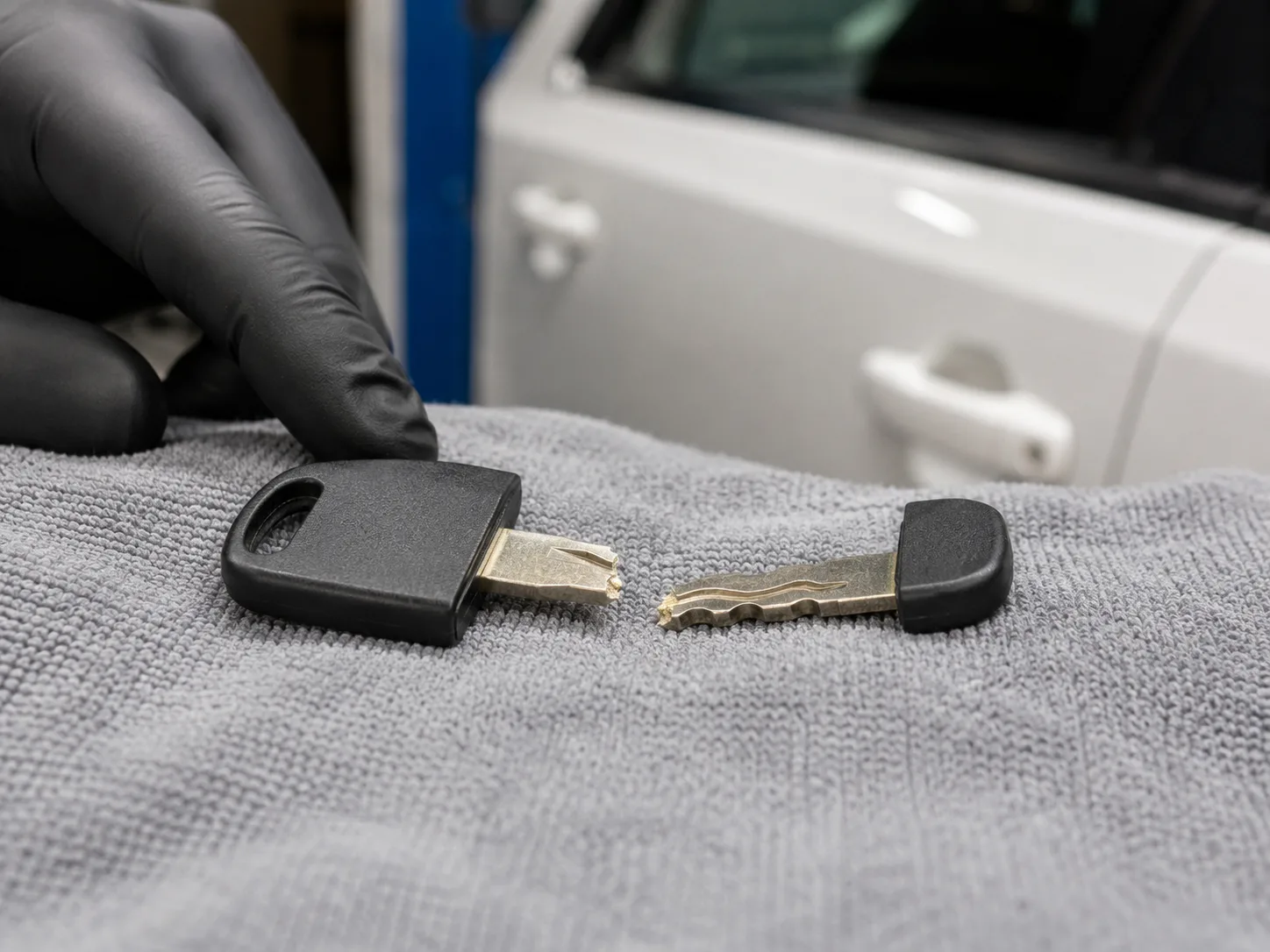 Automotive locksmith removing a broken key from a vehicle lock