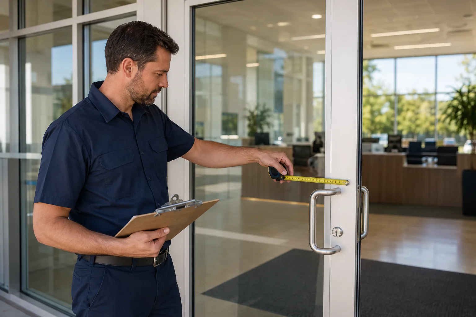 Locksmith assessing a commercial door for new lock installation