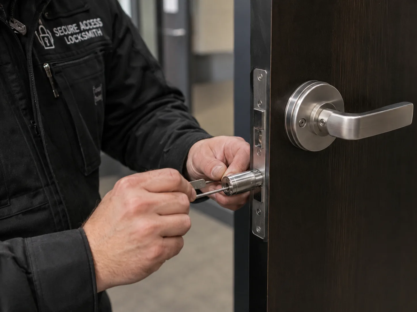 Commercial locksmith assessing a business lock problem