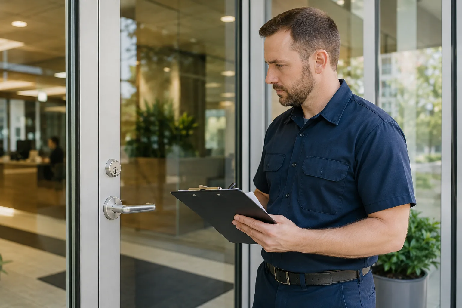 Locksmith assessing a commercial door lock before repair