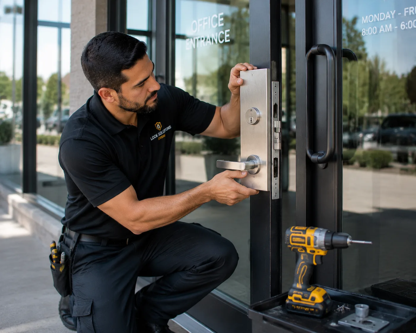 Commercial locksmith installing lock hardware on a storefront door