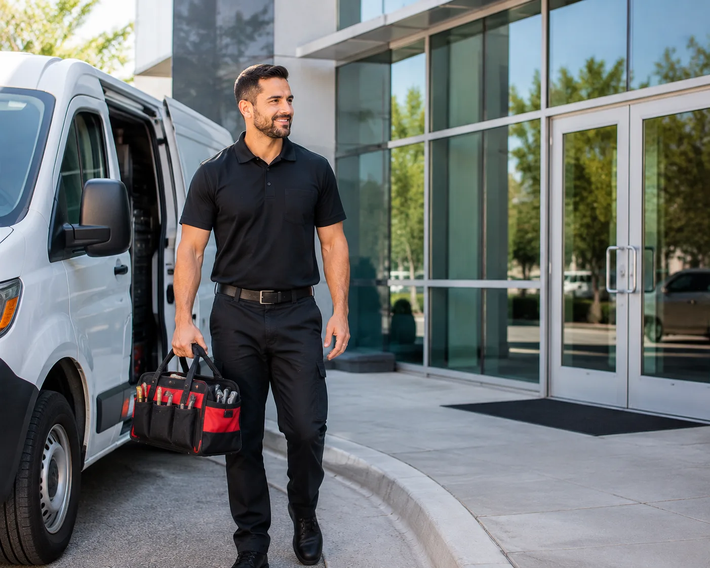 Commercial locksmith technician with service vehicle at a business location