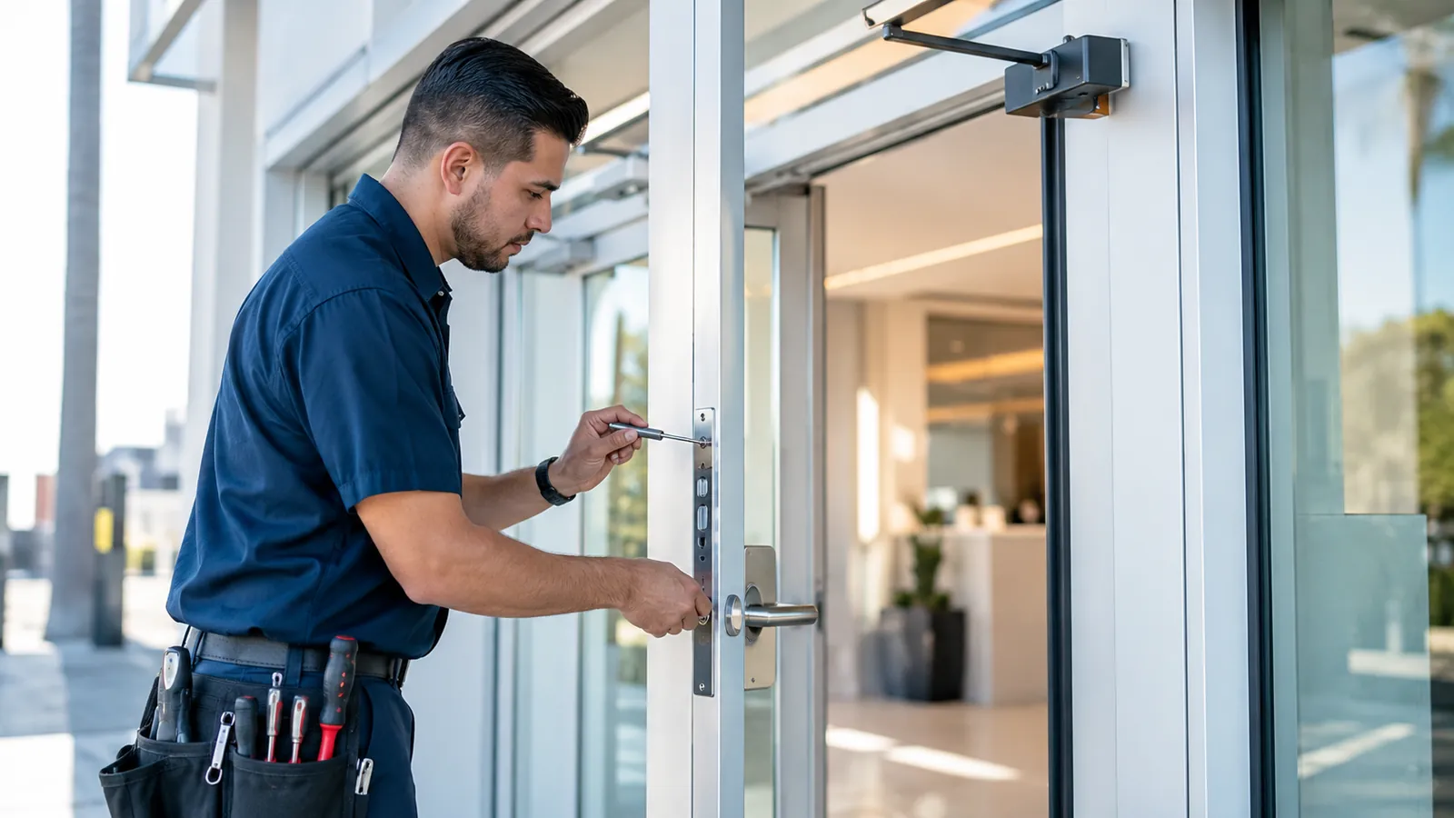 Commercial locksmith inspecting business entrance hardware