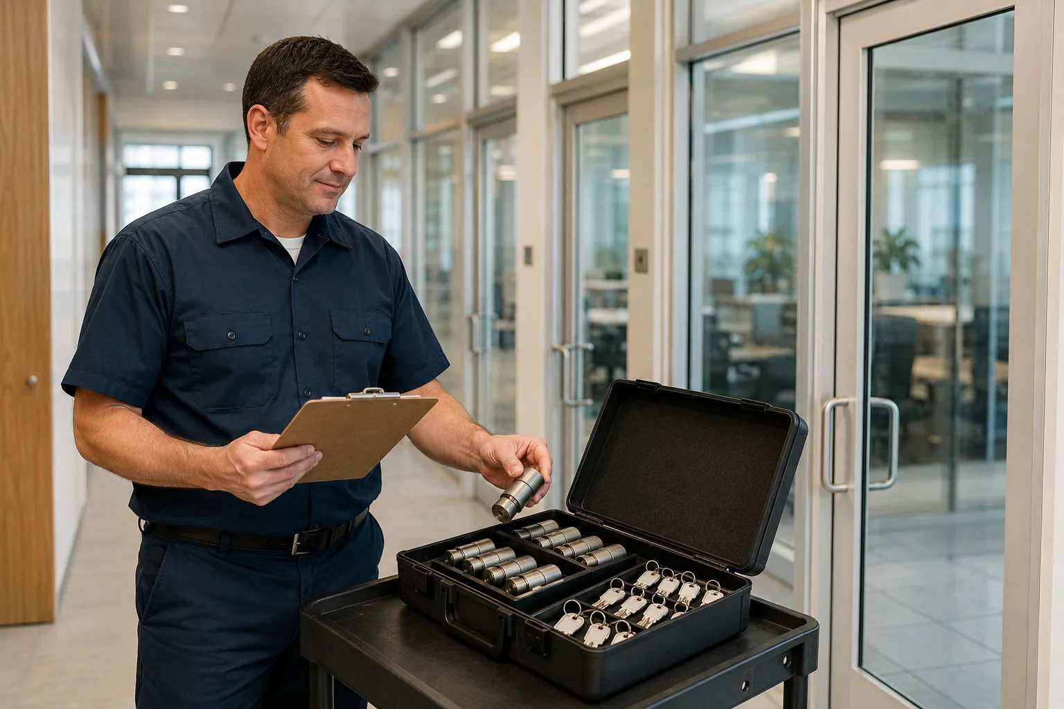 Locksmith assessing commercial locks for rekeying