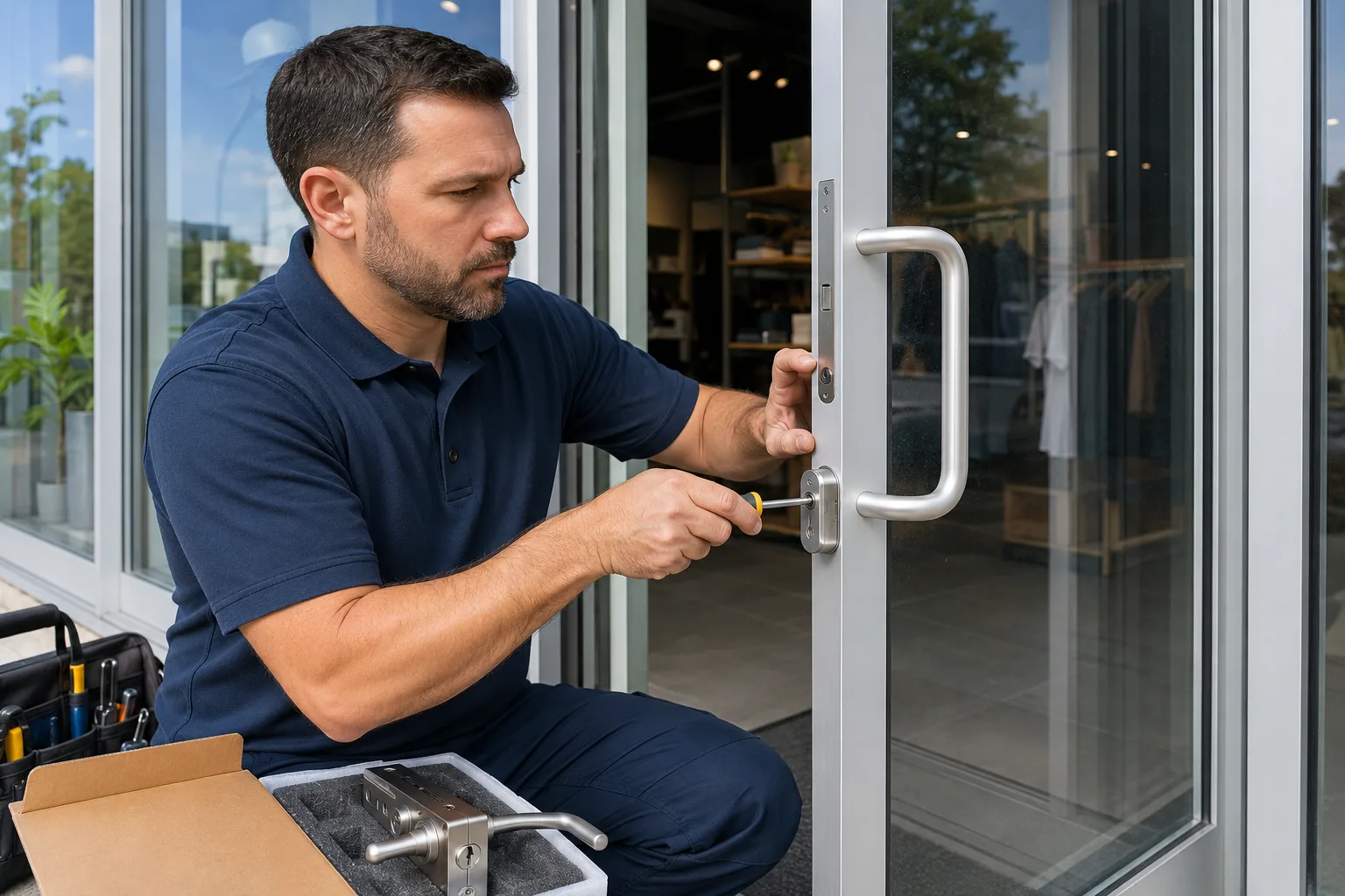 Commercial locksmith installing storefront lock hardware