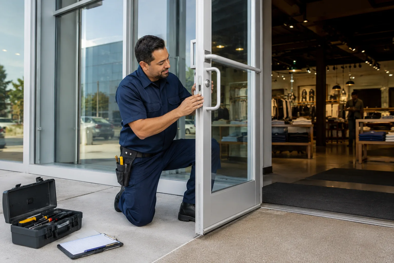 Commercial locksmith repairing storefront door lock hardware