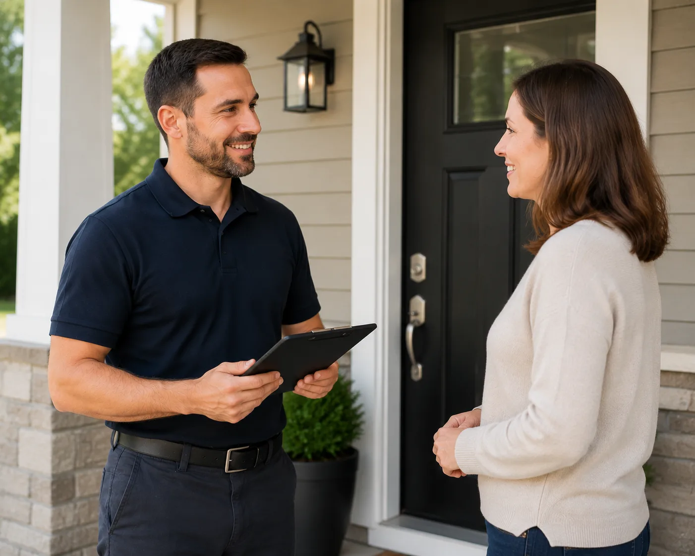 Locksmith assessing a front door for deadbolt installation