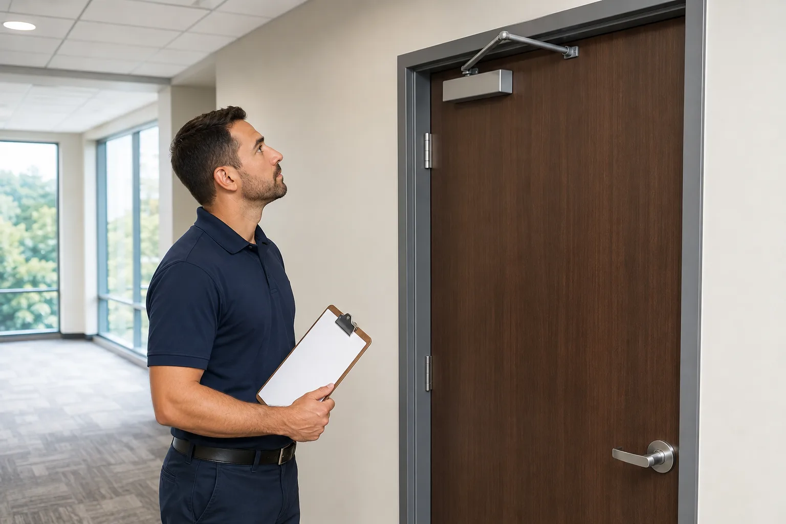 Locksmith assessing a commercial door closer