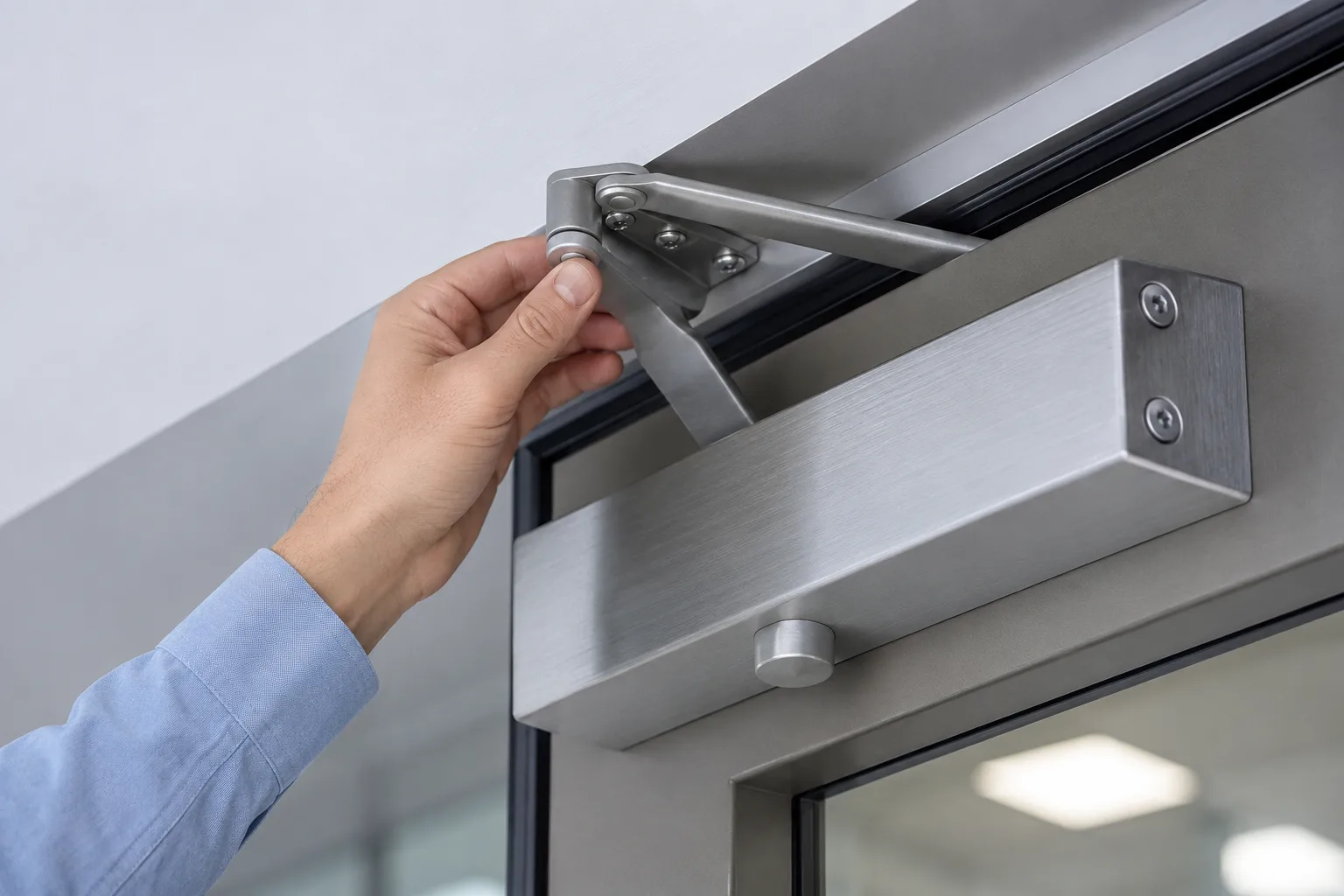 Technician inspecting a commercial door closer problem