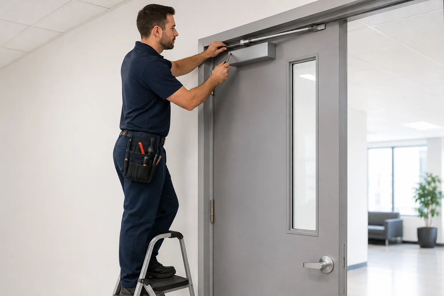 Commercial locksmith servicing a door closer