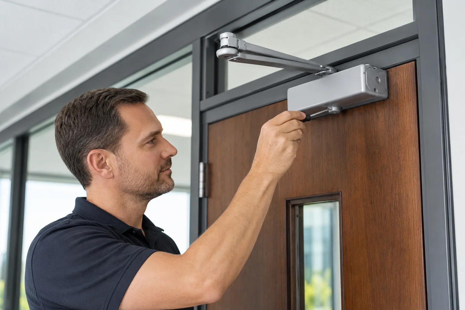 Commercial door closer tested after service