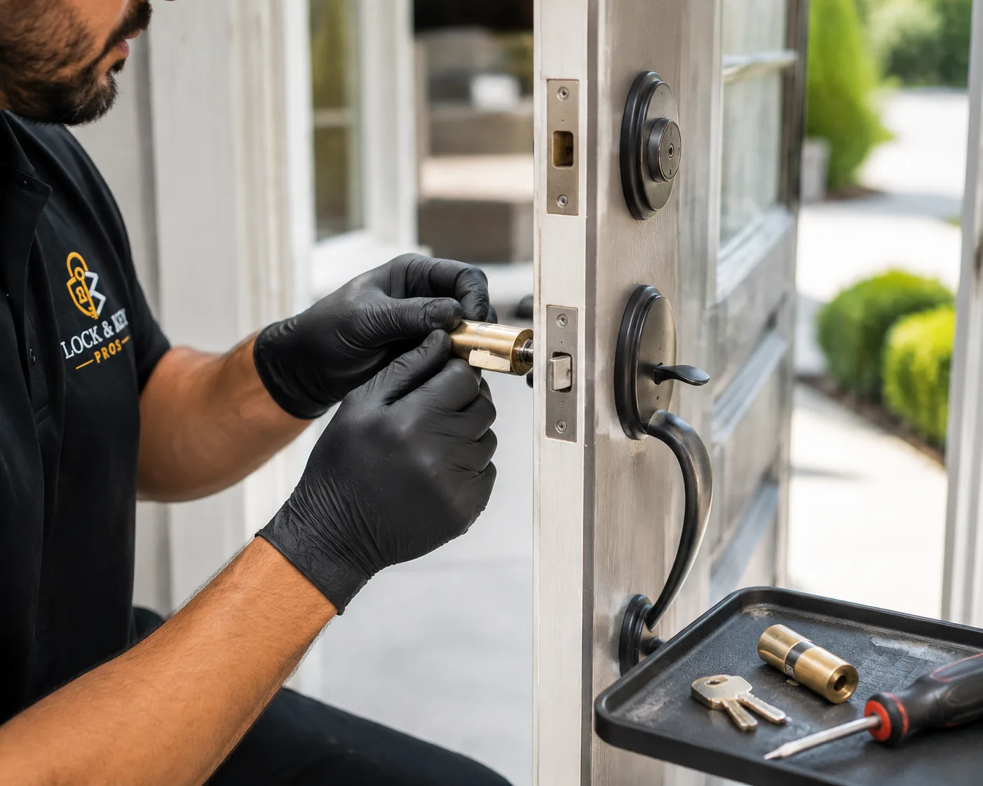 Locksmith replacing a lock cylinder after an emergency repair