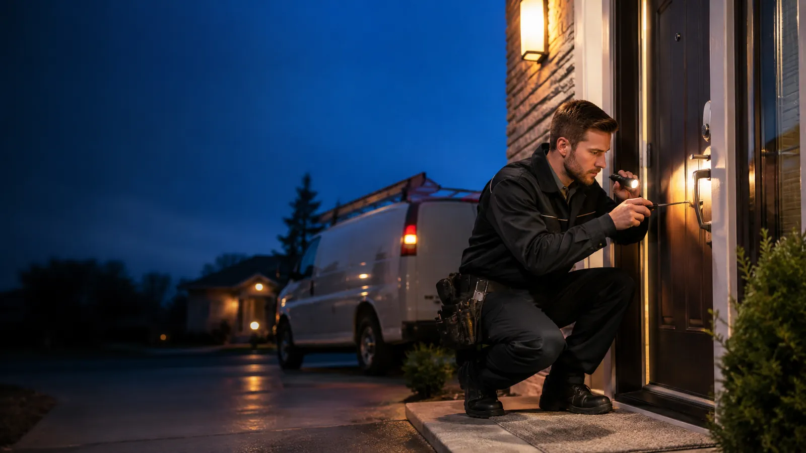 Emergency locksmith working on a home door lock at night for an urgent lockout