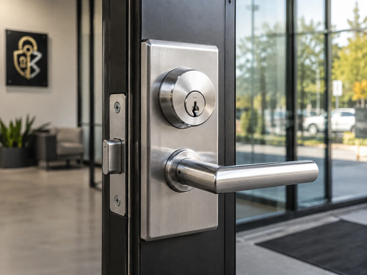 High-security commercial lock installed on a business door