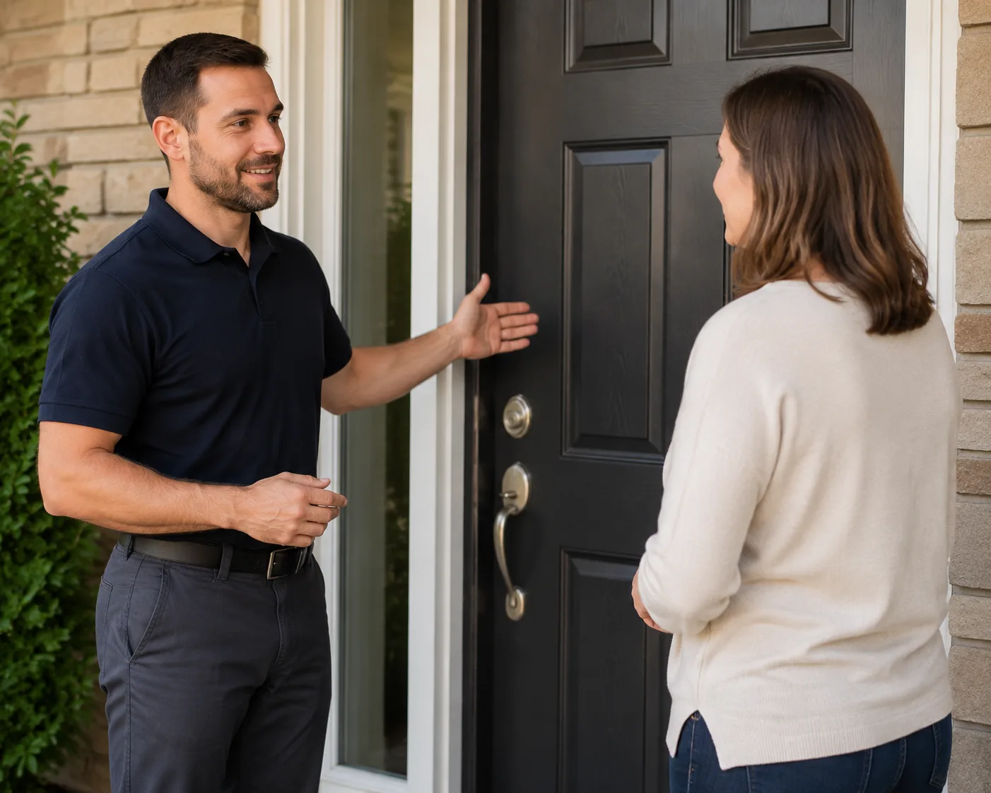Locksmith assessing a front door during a home lockout