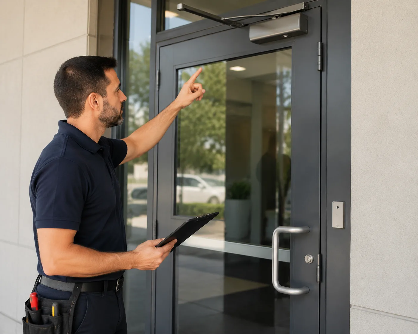 Commercial locksmith assessing a door for key card access