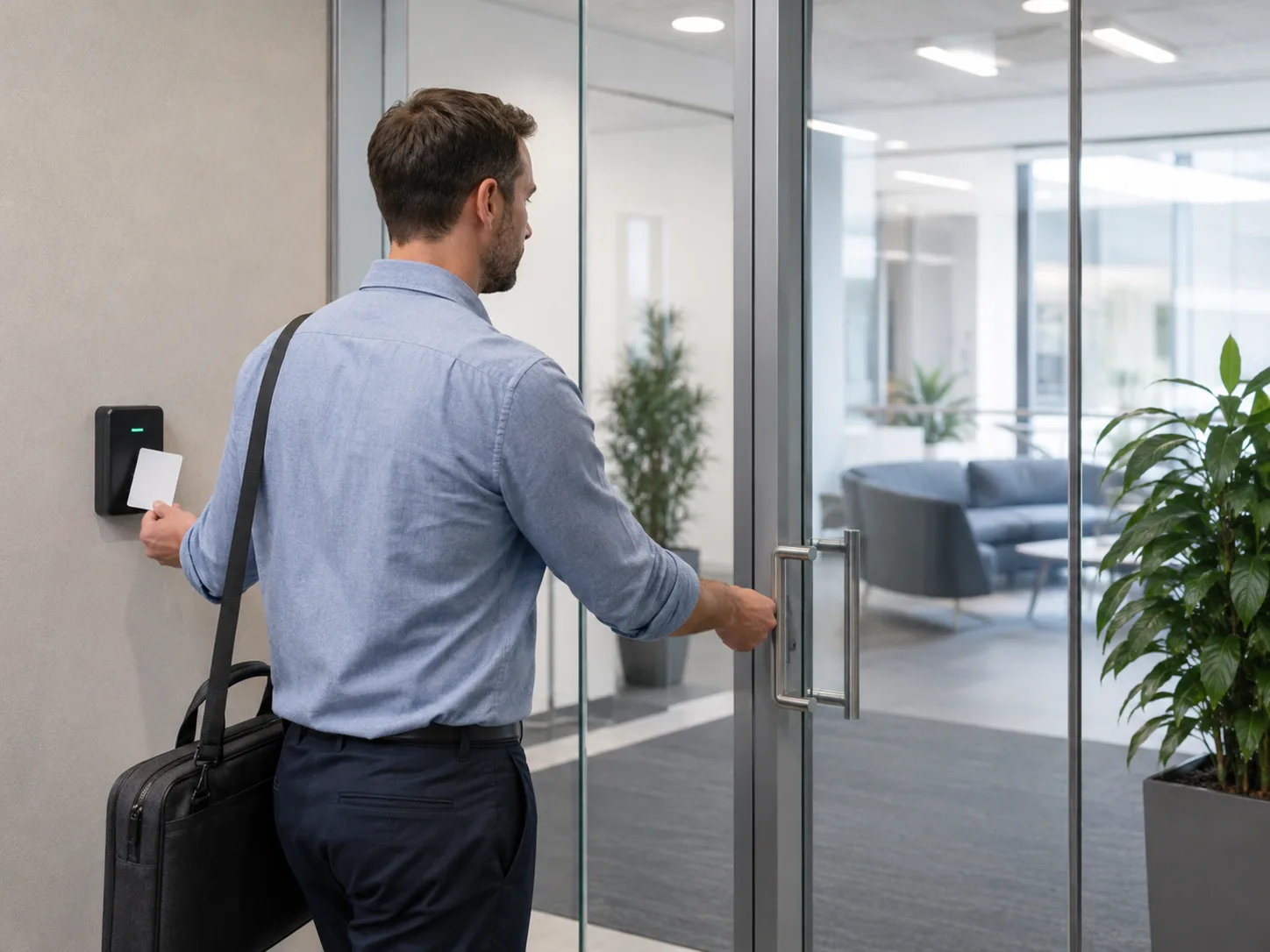 Employee using a key card entry system
