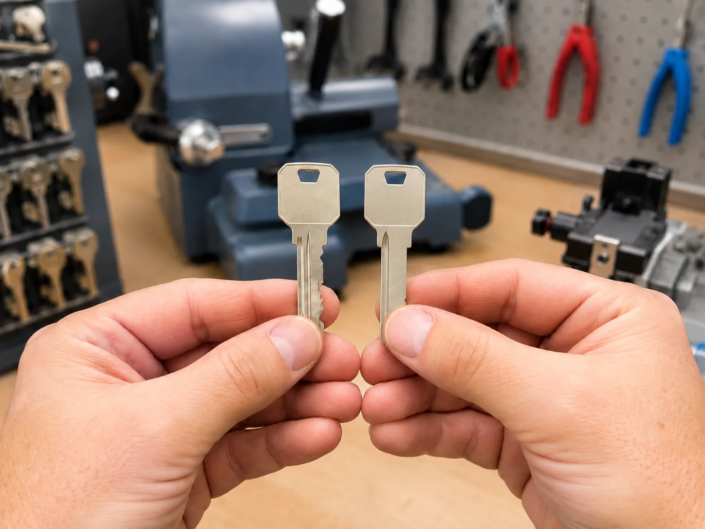 Locksmith checking a key before duplication
