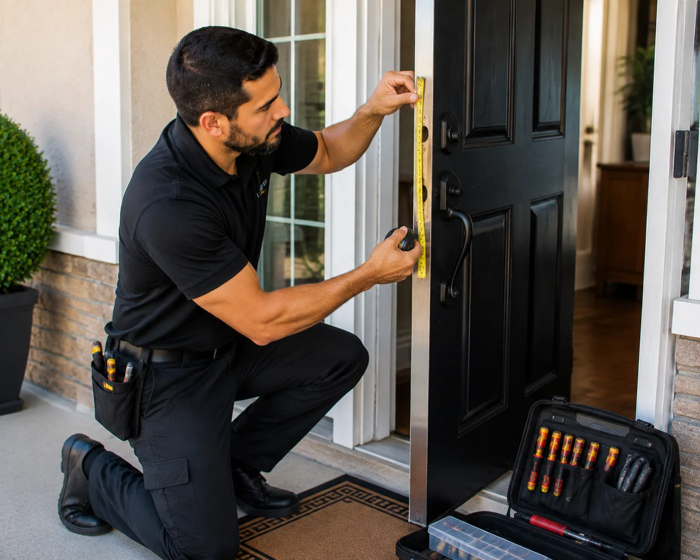 Locksmith measuring a door to prepare for new lock installation