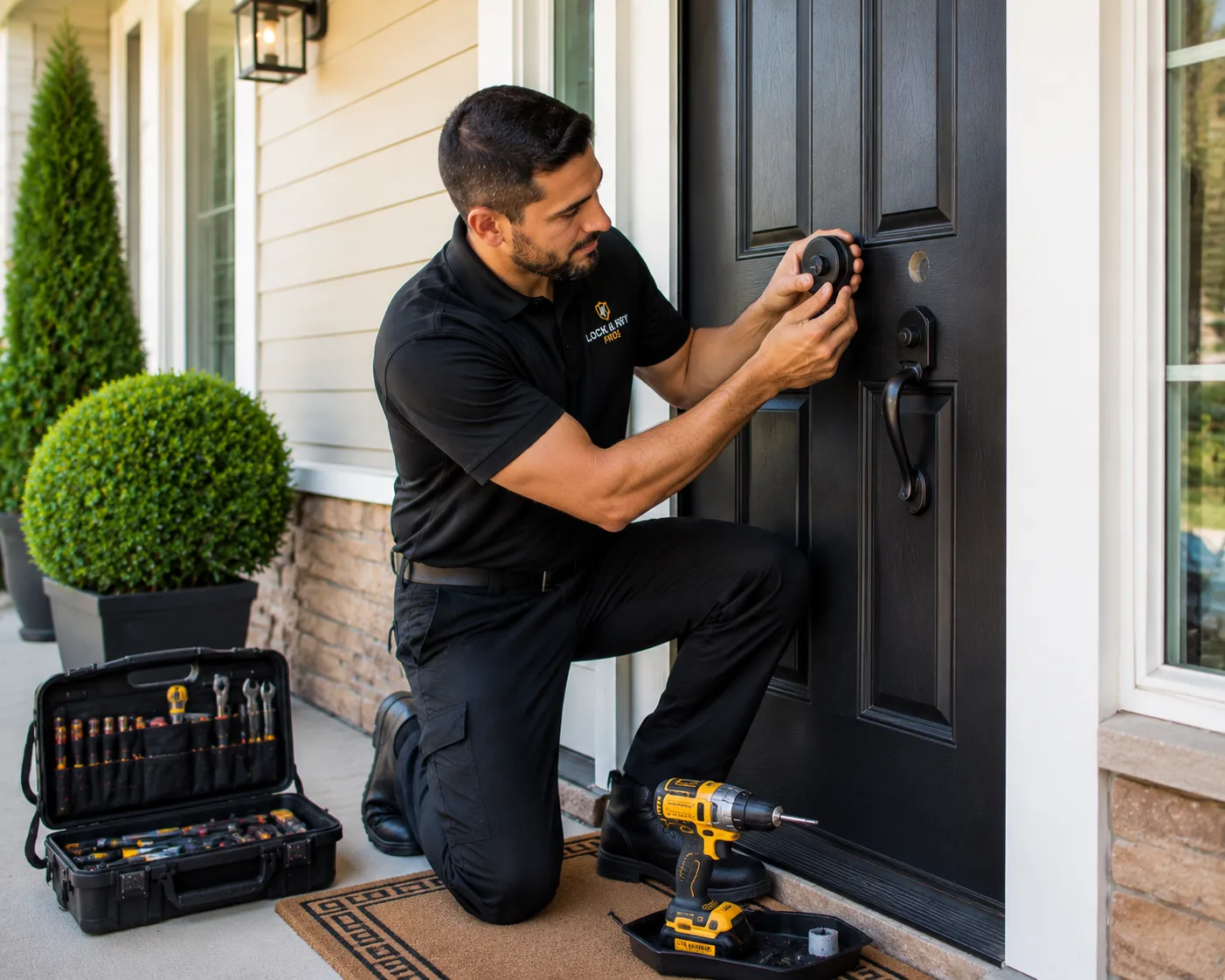 A new door lock professional locksmith installation and alignment