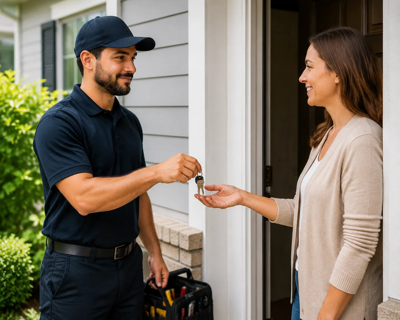 Locksmith completing a lock rekeying job with new keys
