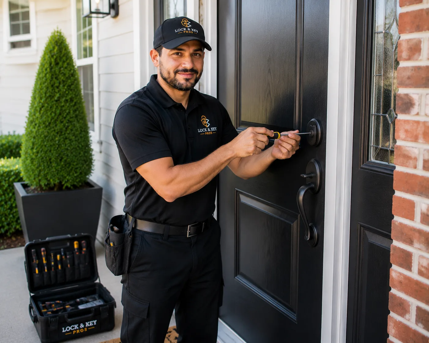 Locksmith diagnosing and repairing a malfunctioning door lock