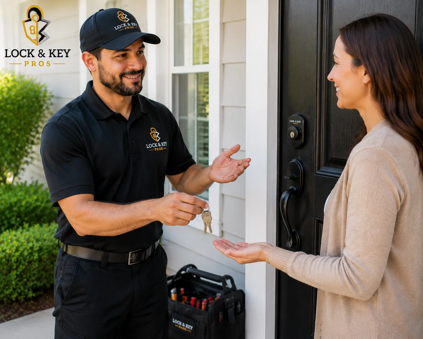 Locksmith completing a lock replacement with a satisfied homeowner