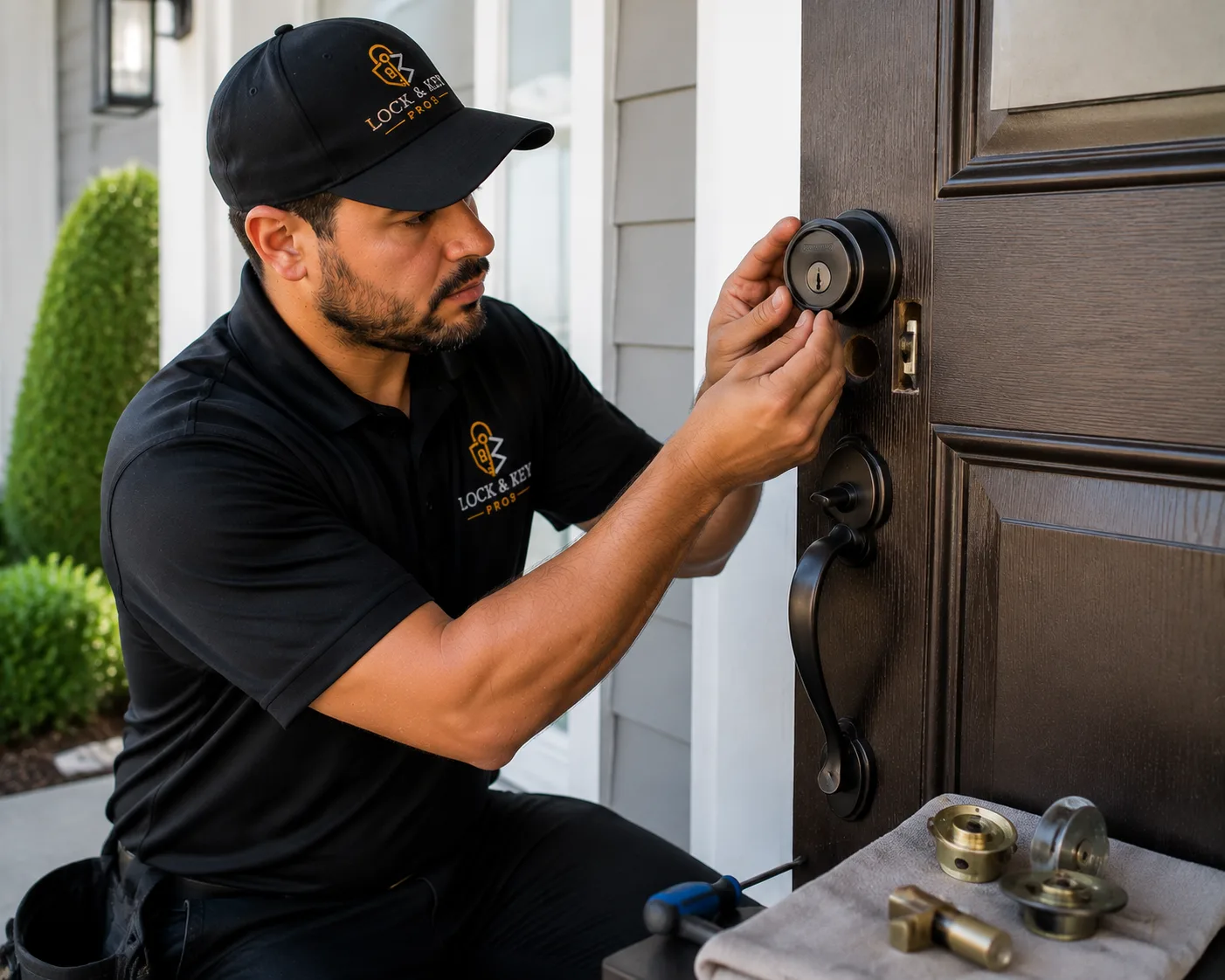 Locksmith replacing damaged door lock hardware