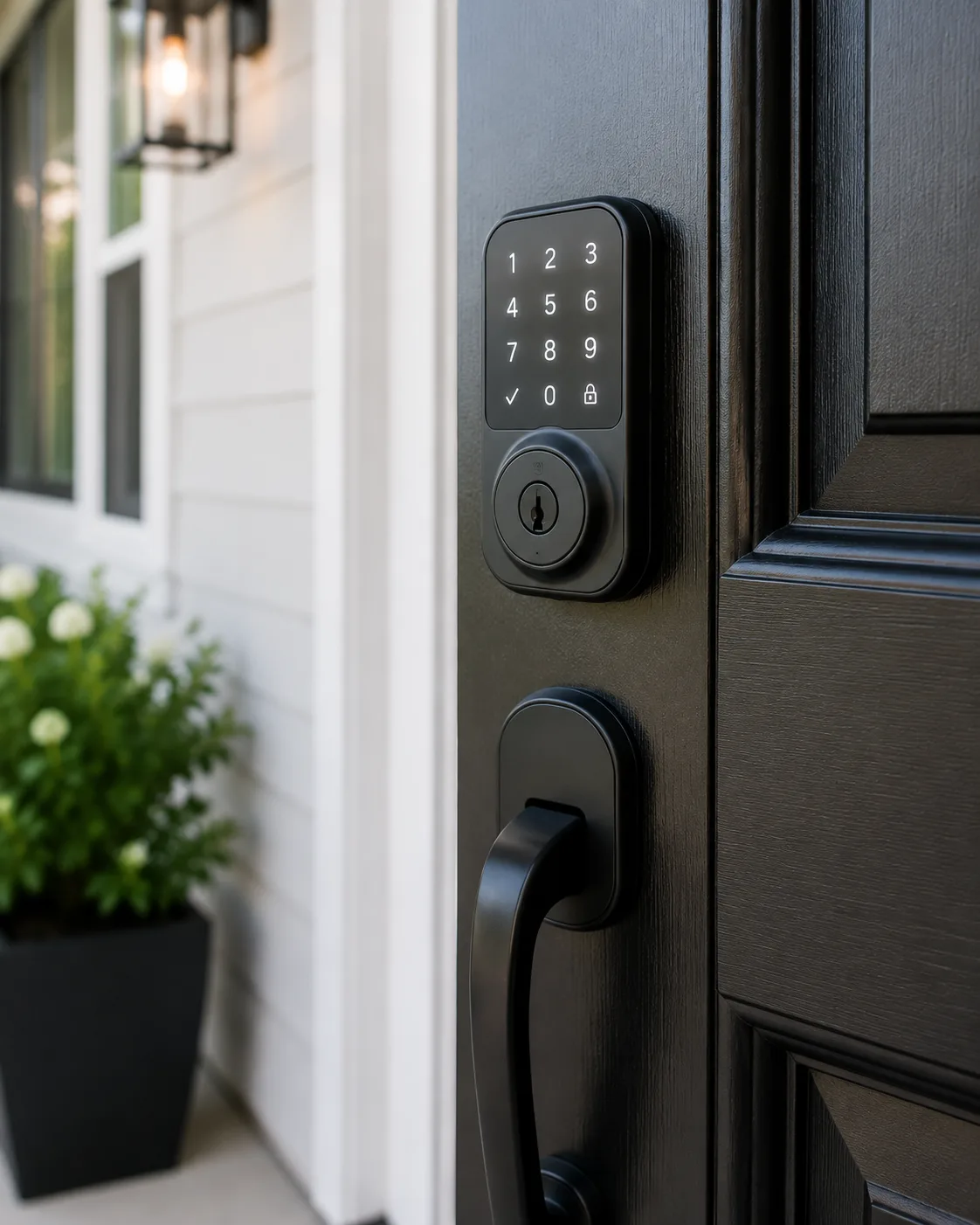Modern smart lock installed on a residential front door as a lock upgrade option