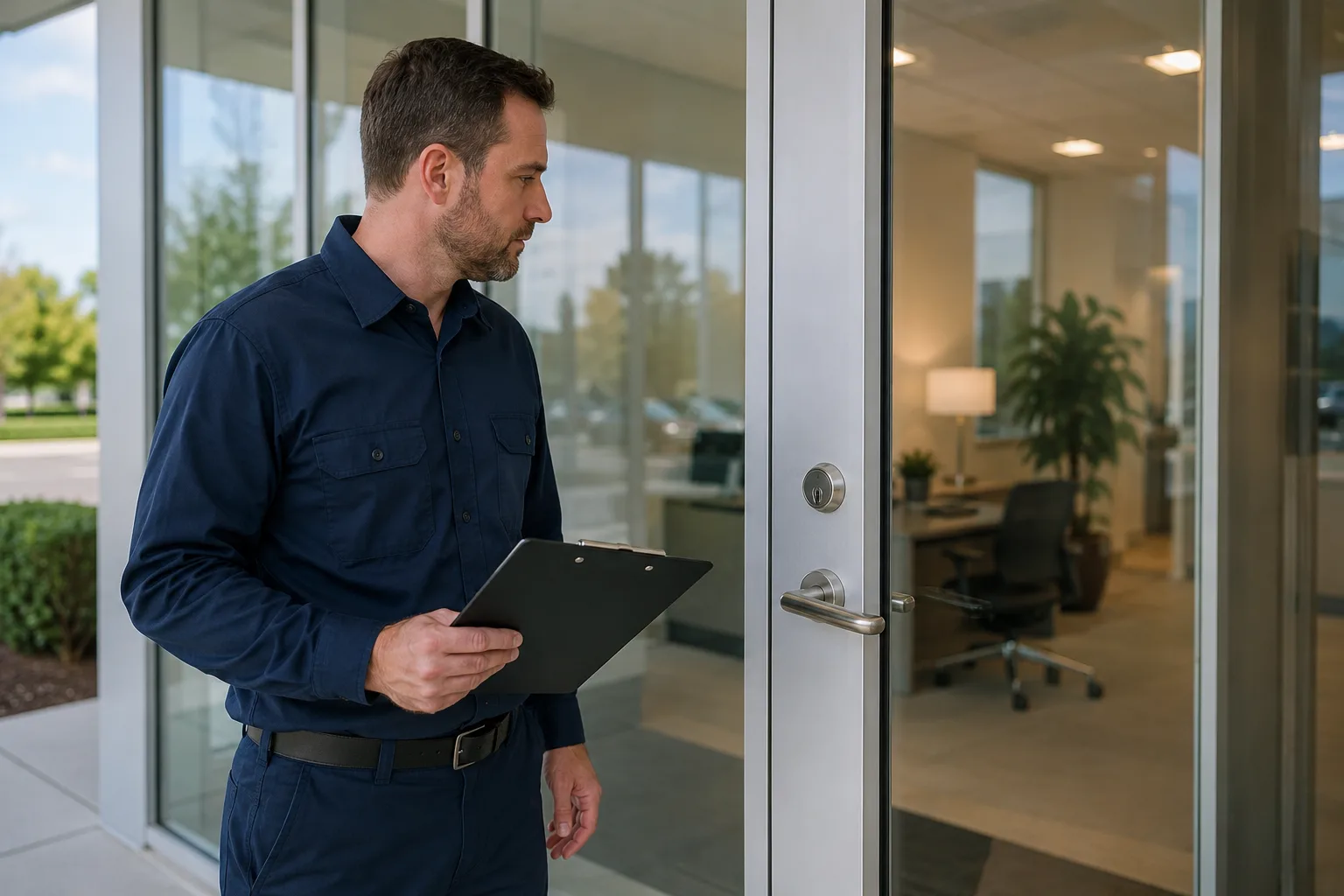 Locksmith assessing a commercial lockout before service