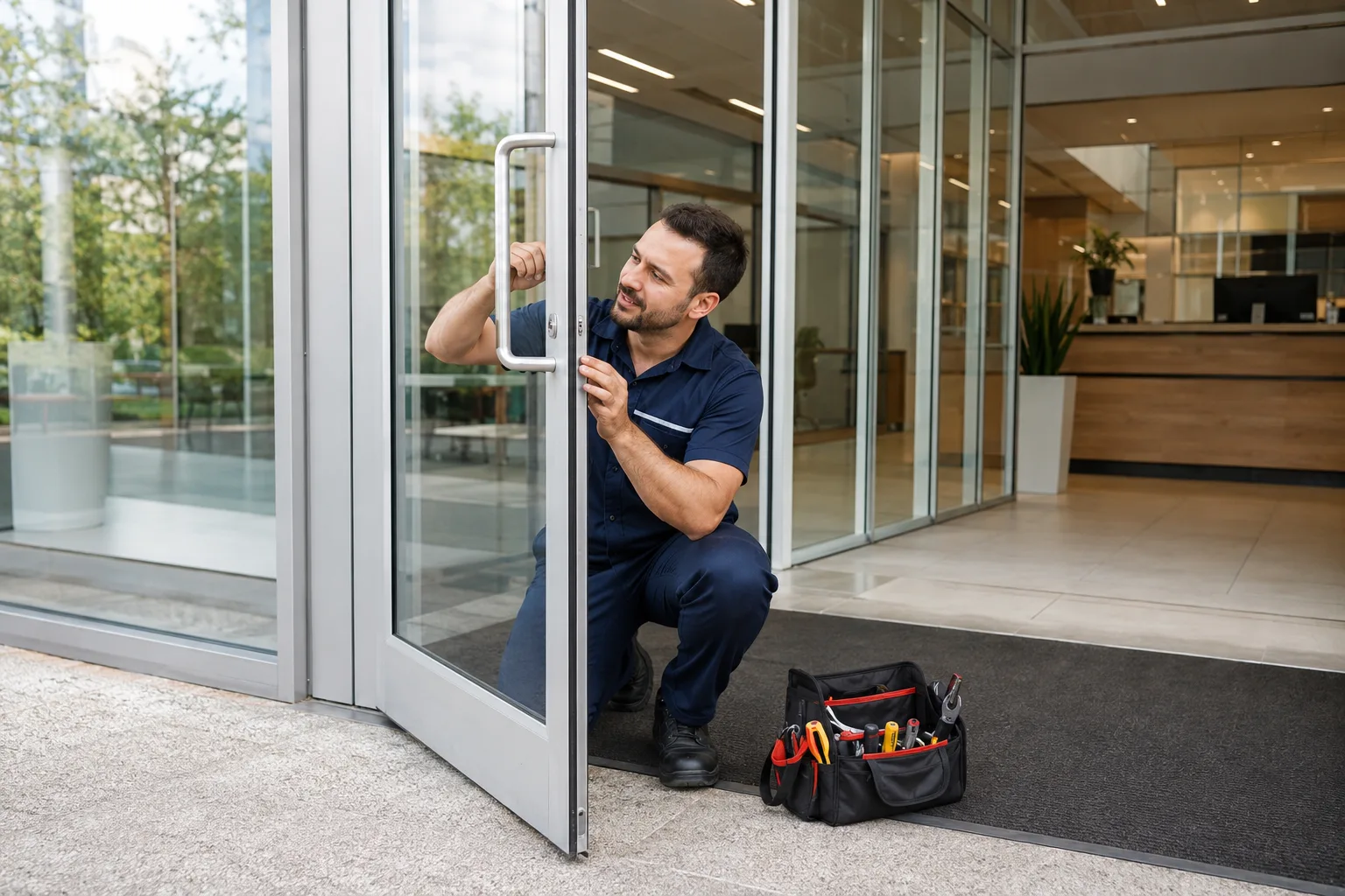 Locksmith assessing a commercial door during an office lockout