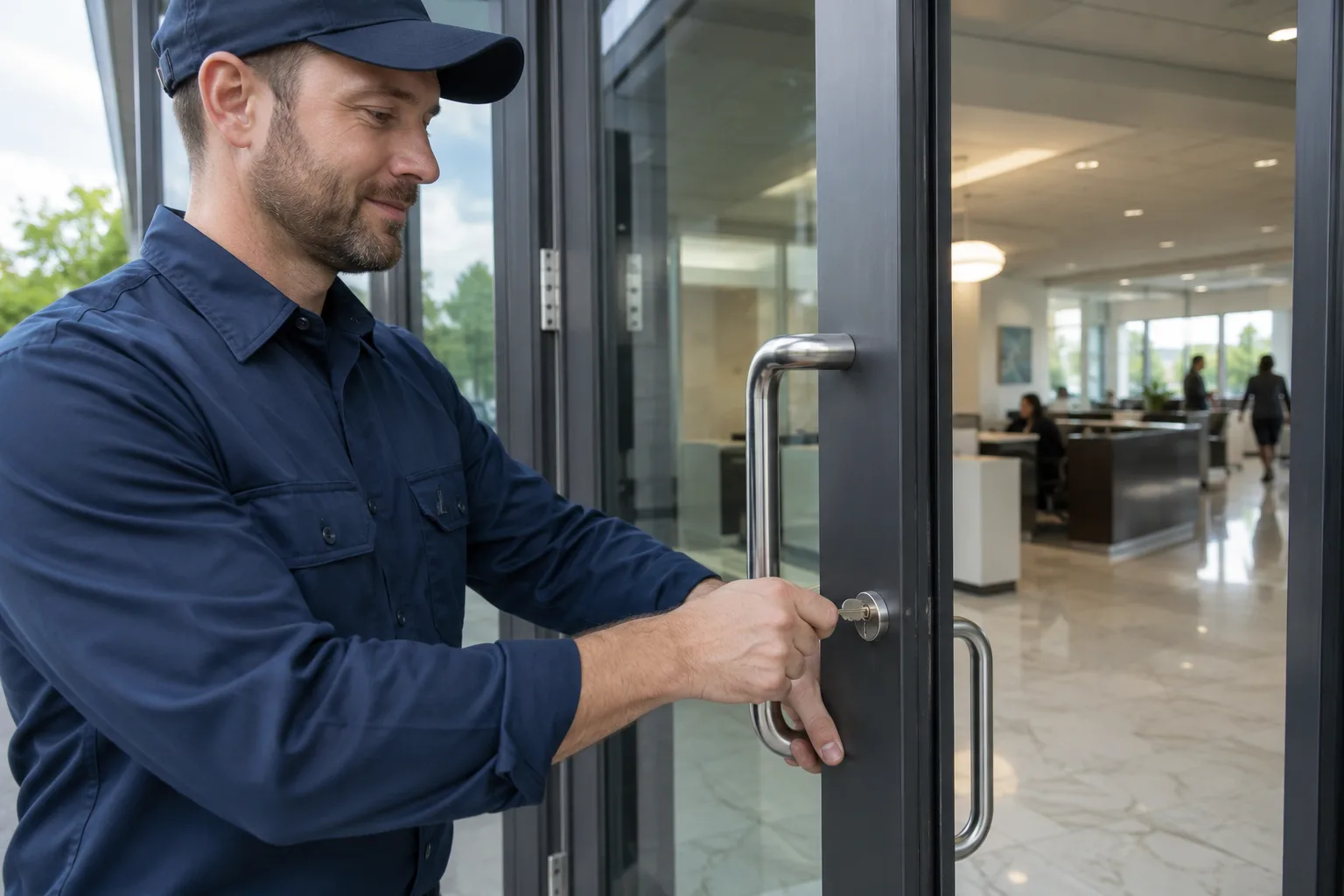 Commercial locksmith testing an office door after lockout service