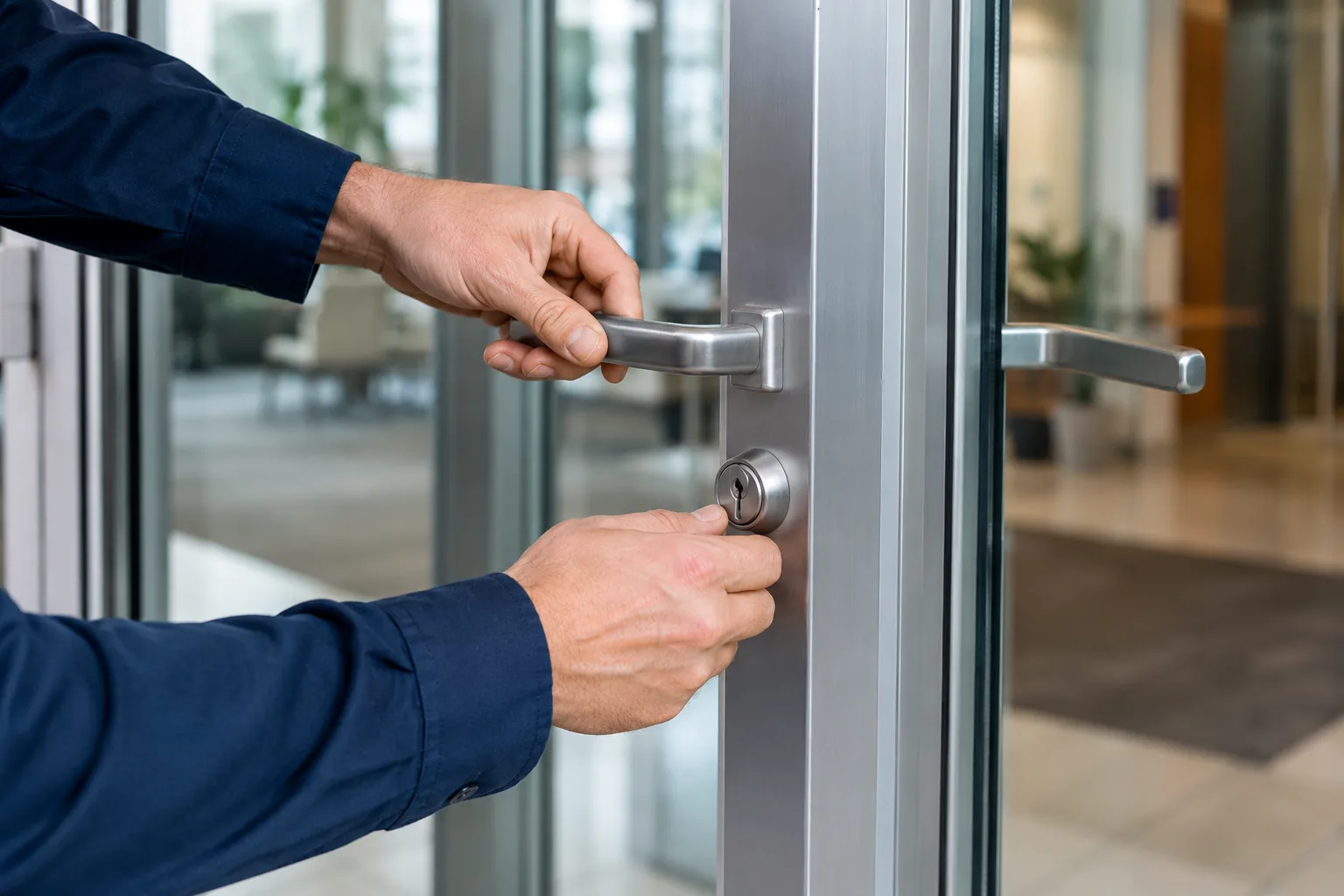Commercial locksmith inspecting a jammed office door lock