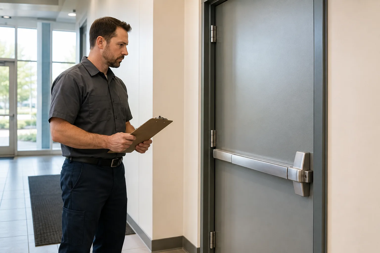 Locksmith assessing commercial panic bar hardware