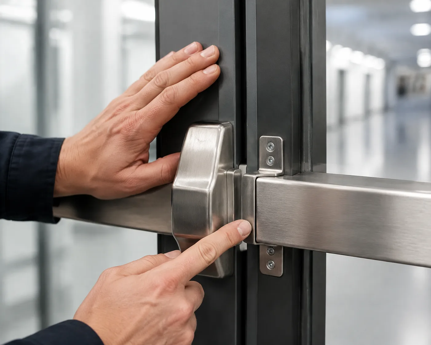 Locksmith inspecting a malfunctioning panic bar