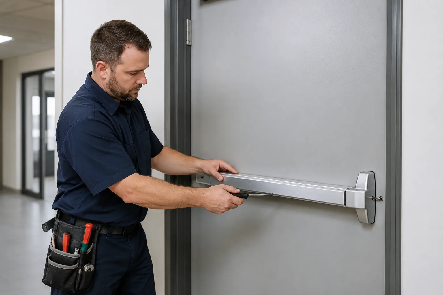 Commercial panic bar installed on a business door