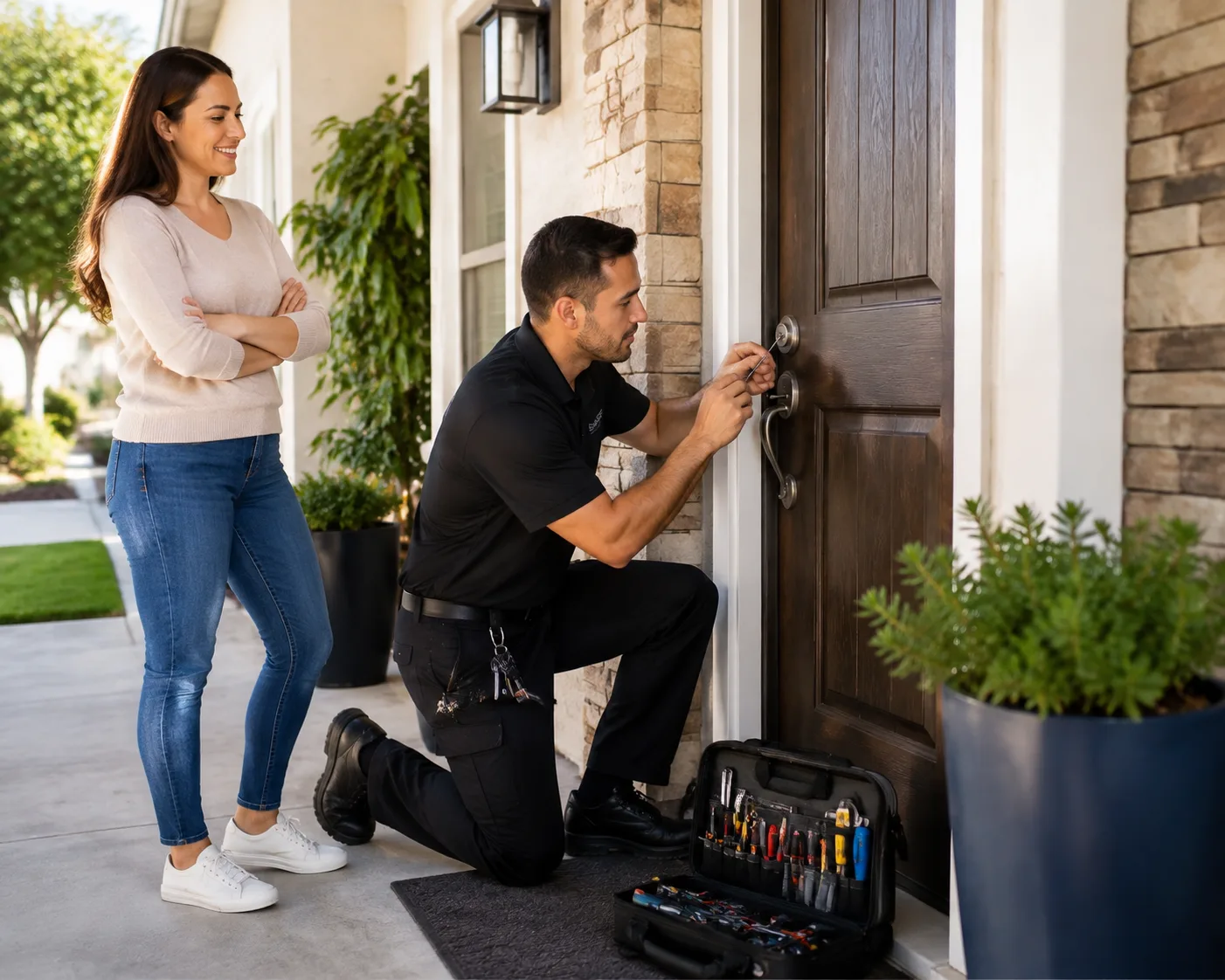Locksmith assessing a residential front door lock