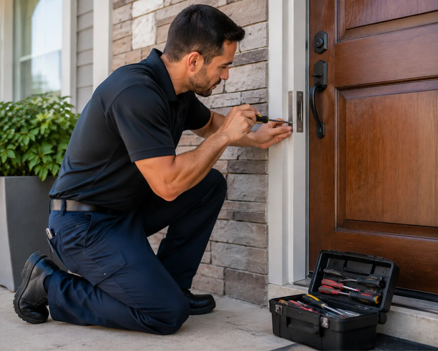 Locksmith inspecting residential door and lock hardware