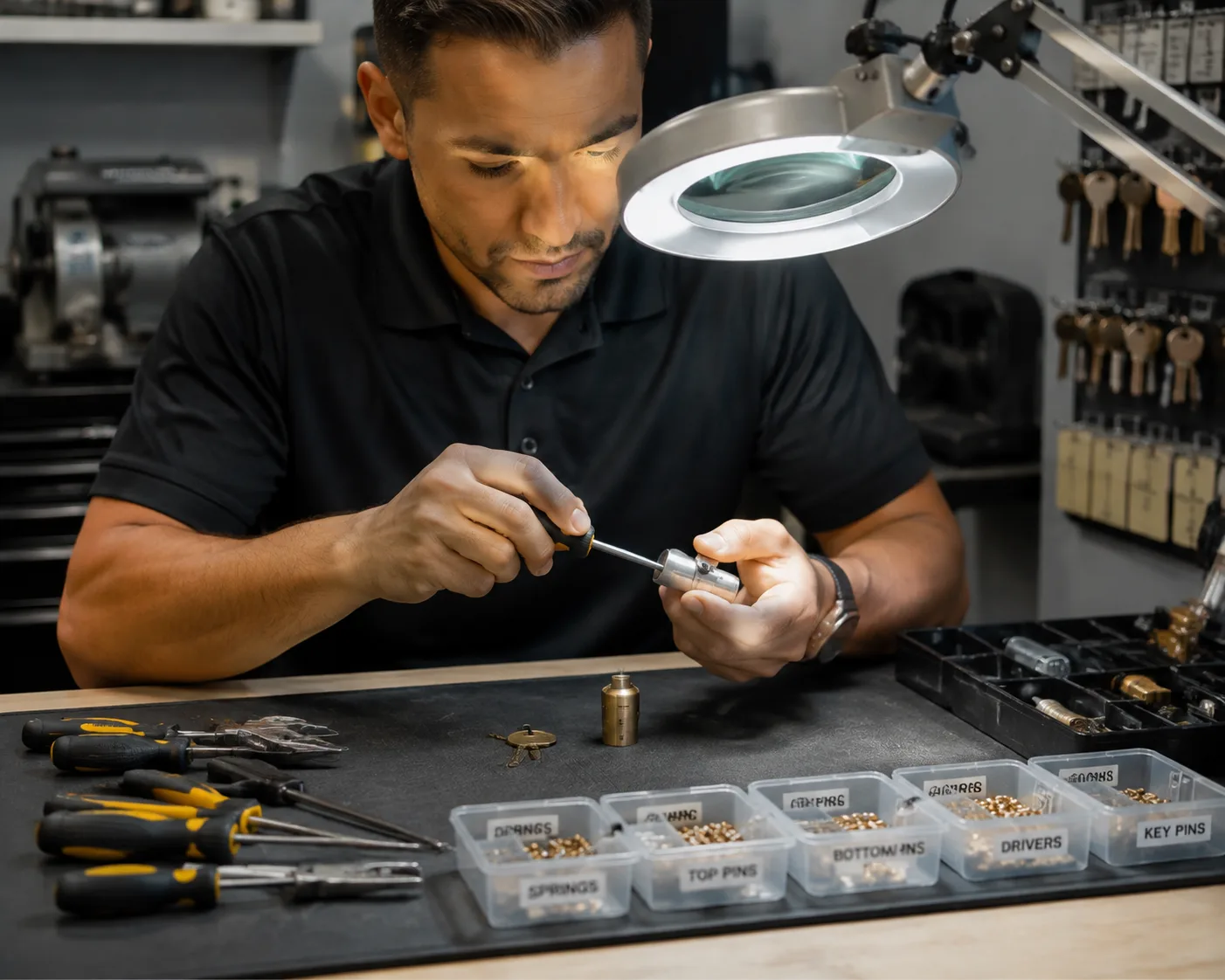 Technician servicing residential lock hardware