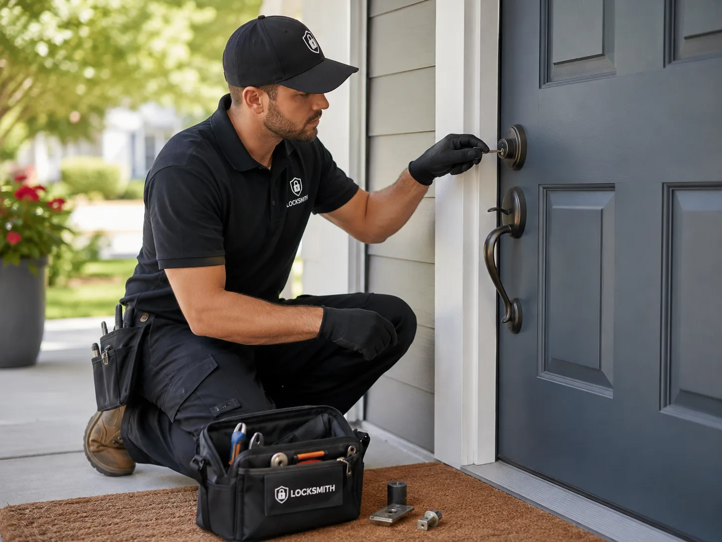 Locksmith testing a serviced residential door lock