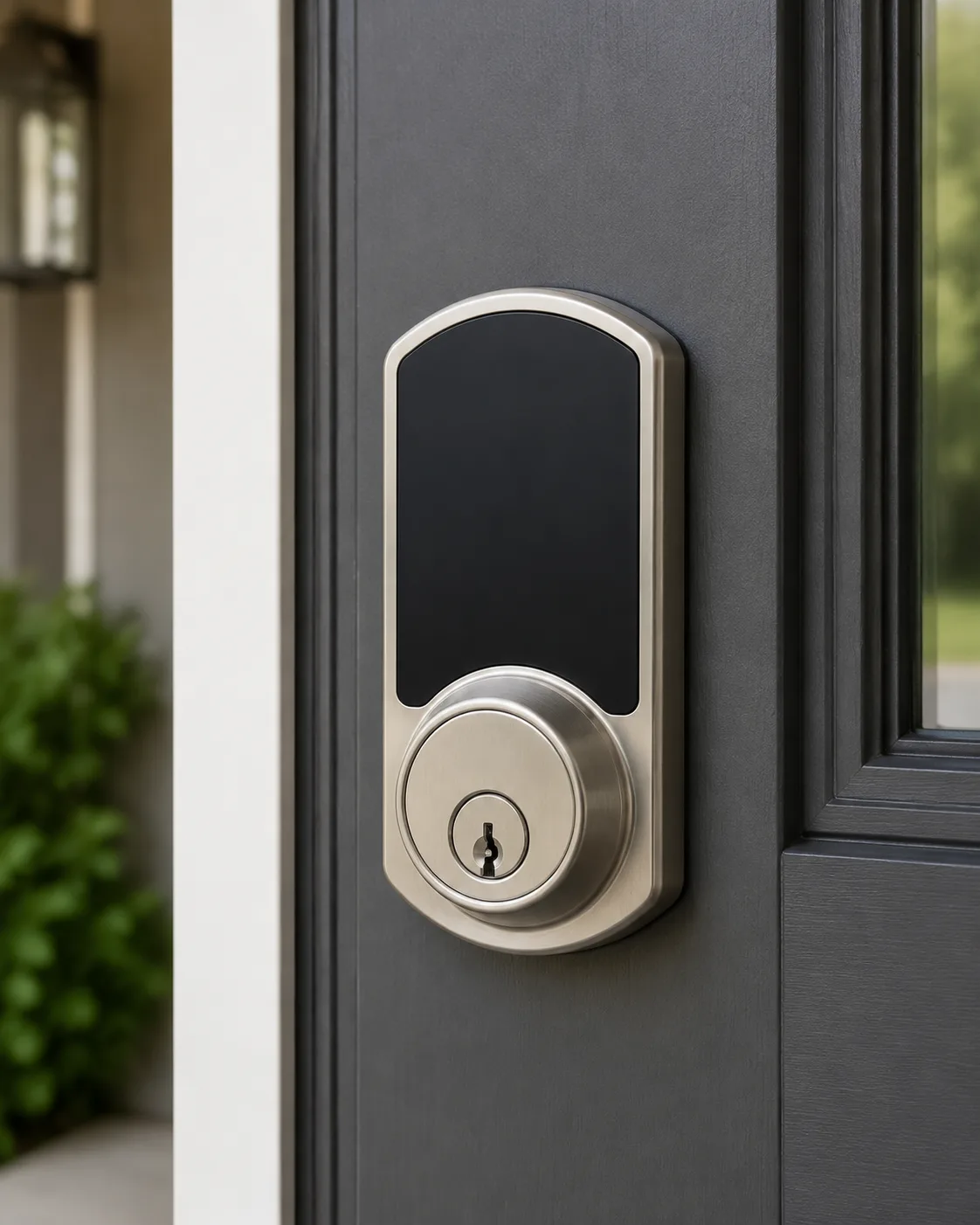 Smart deadbolt installed on a residential front door