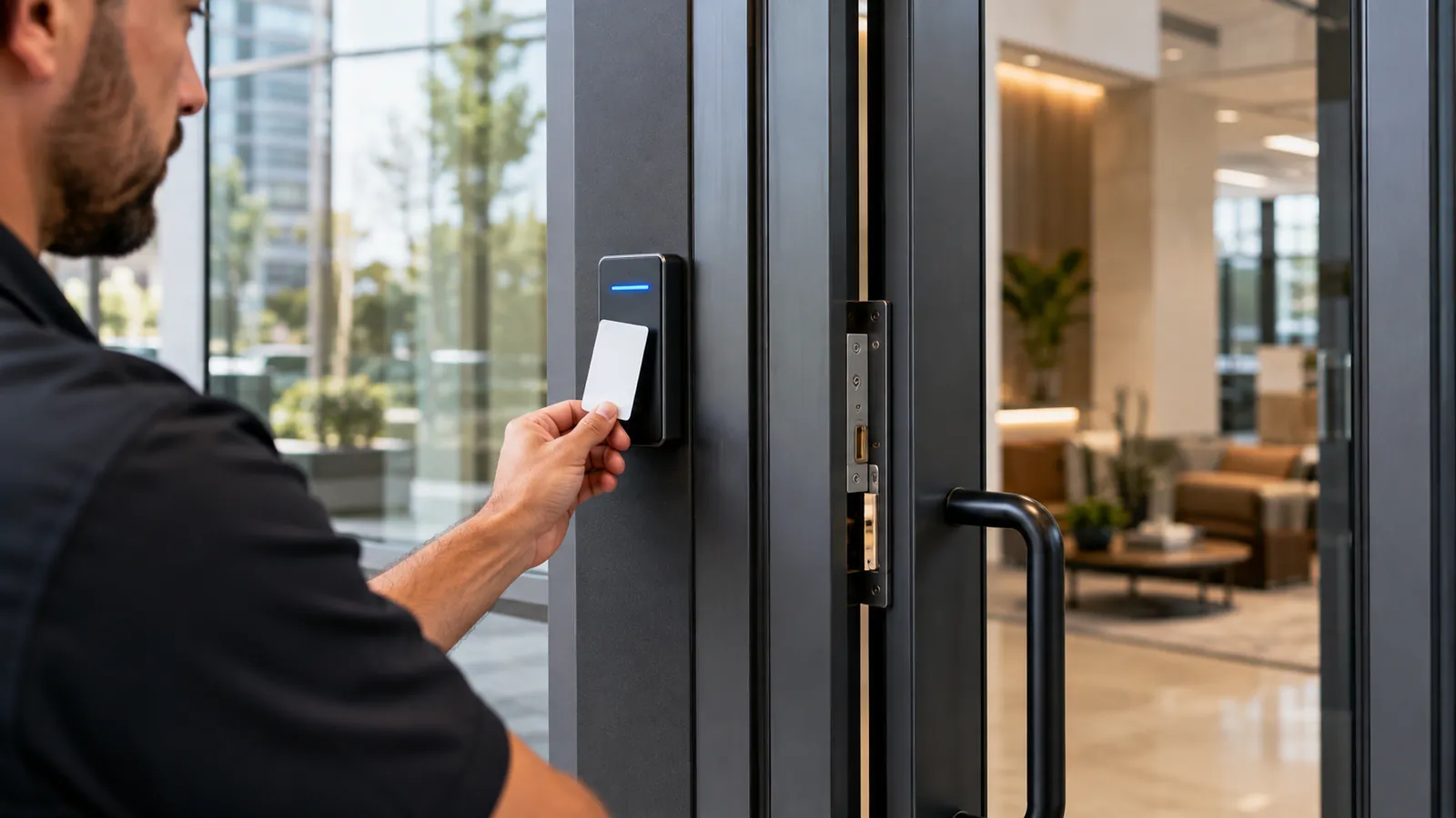 Modern smart keypad lock installed on a residential door