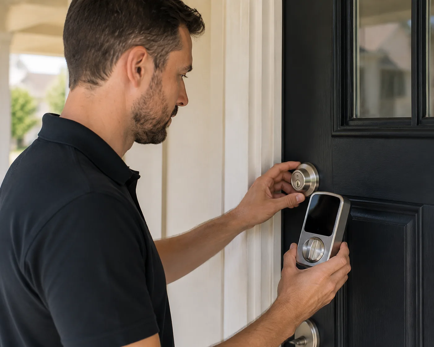 Locksmith assessing a front door for smart lock installation
