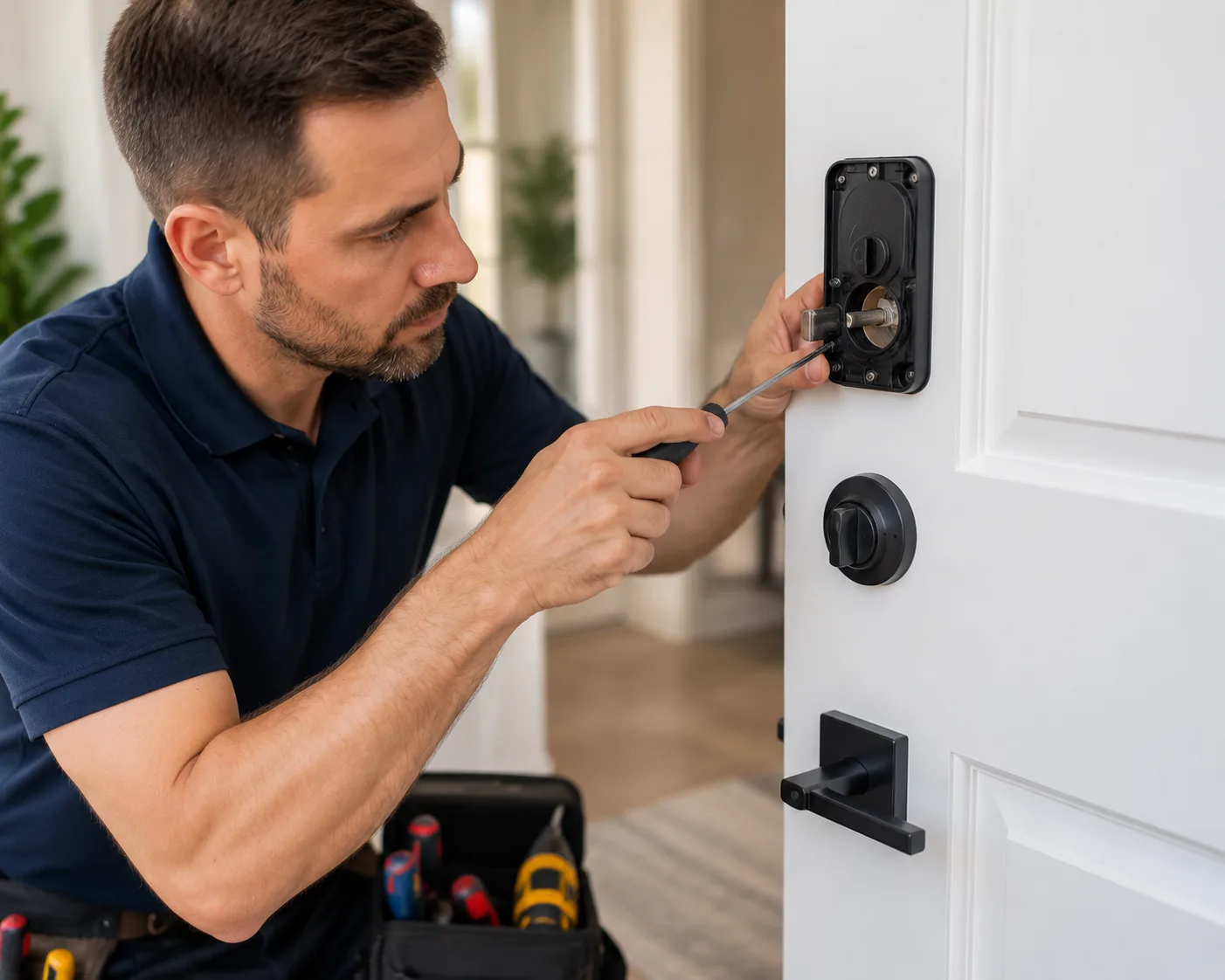 Locksmith installing and testing a smart door lock